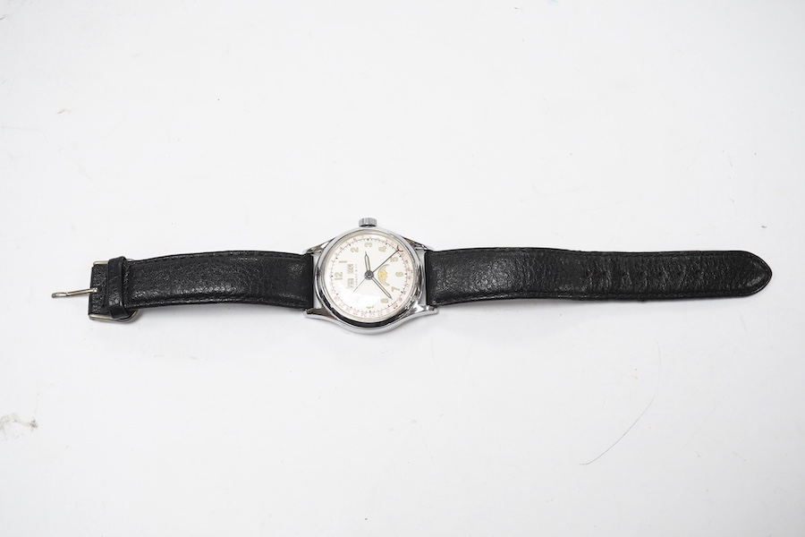 A gentleman's 1940's? steel calandar moonphase manual wind wrist watch, the dial inscribed Tiffany & Co, with Arabic dial and day/date apertures, case diameter 33mm, on a later associated leather strap, movement unsigned